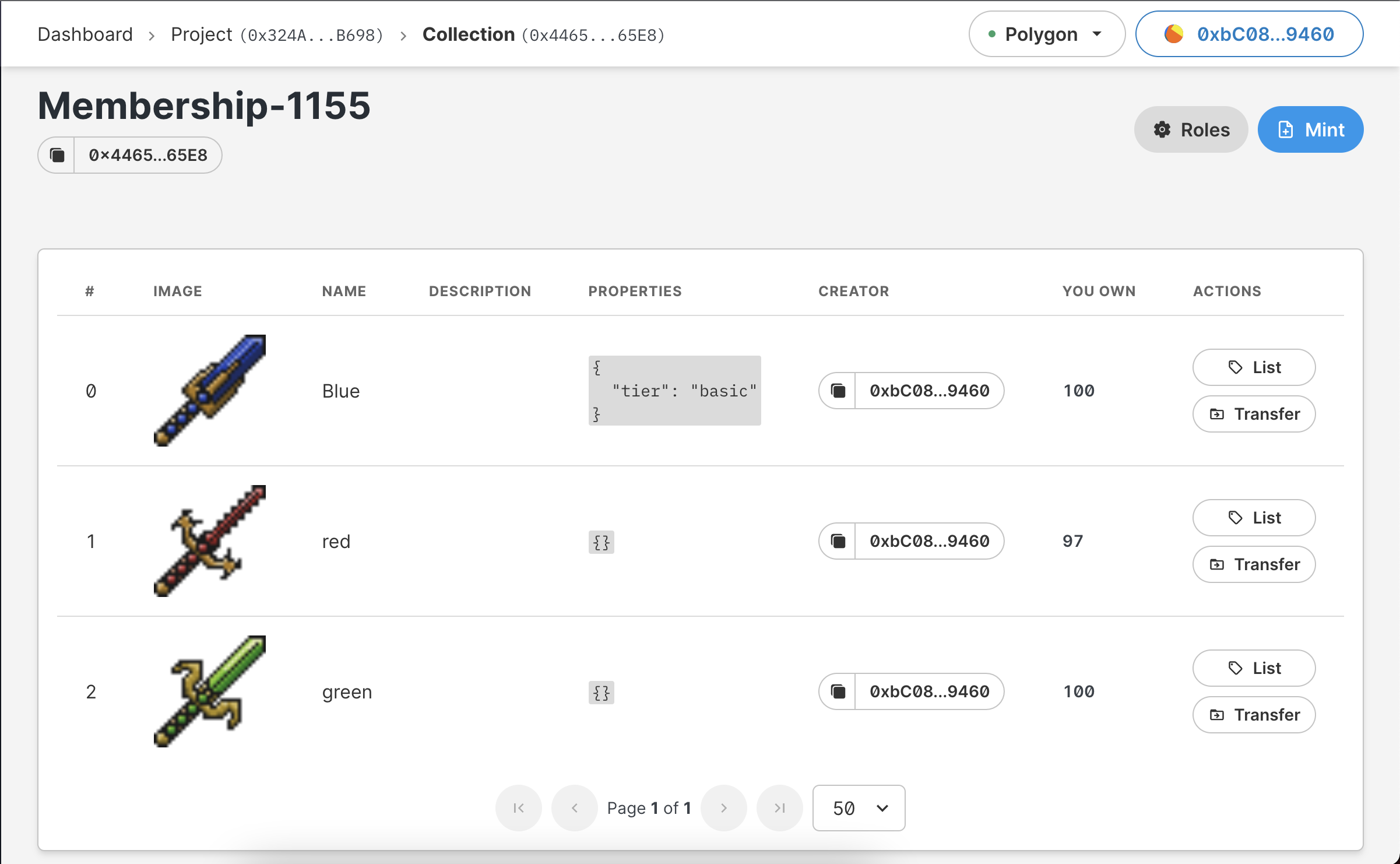 thirdweb collection dashboard with 3 tiers of membership NFTs. (blue, red, green).