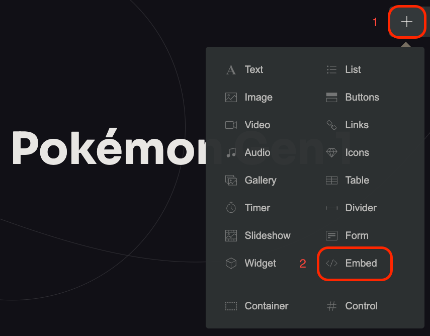Click Embed on the + dropdown.